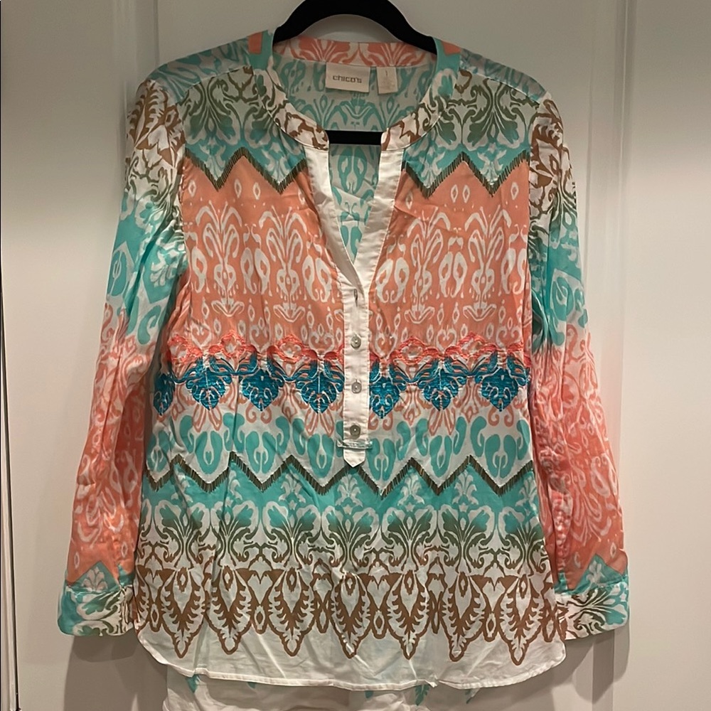 Chico's Teal and Coral Patterned Blouse